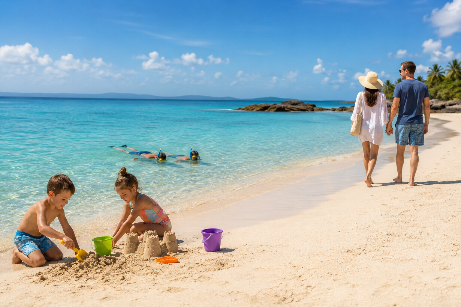 Families, snorkelers and couples enjoying a beach vacation