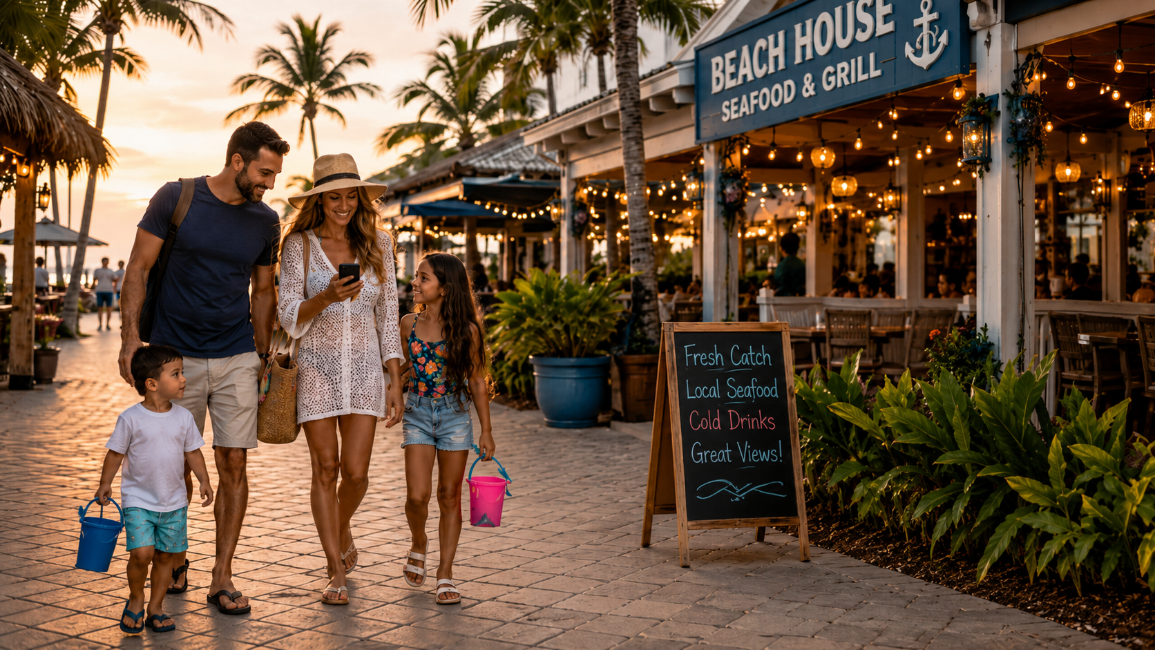 Family discovering a coastal restaurant