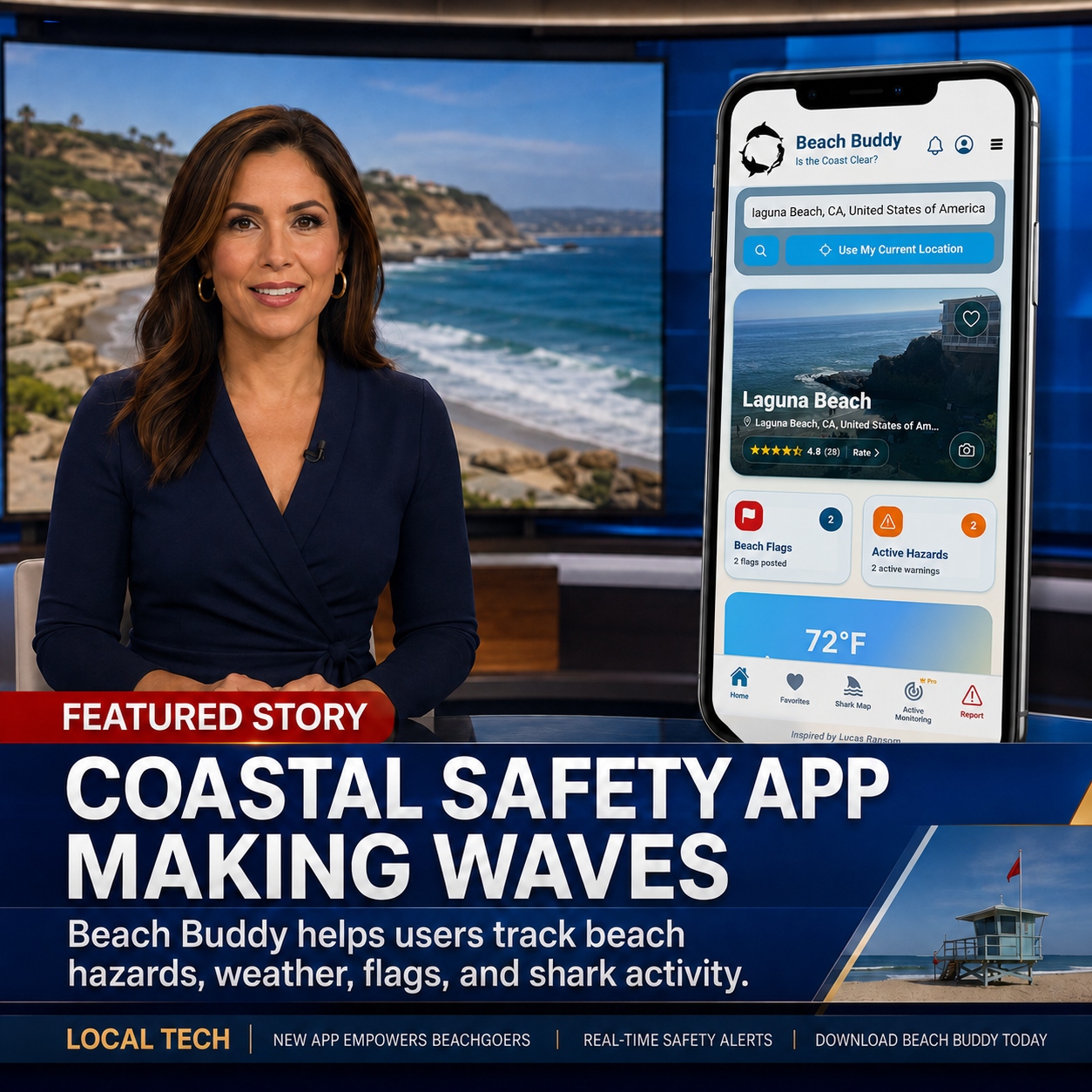Beach Buddy coastal safety app displayed during a news report