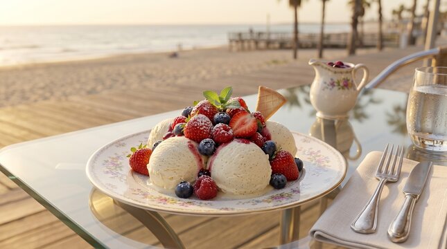 Beachfront dining with dessert overlooking the ocean