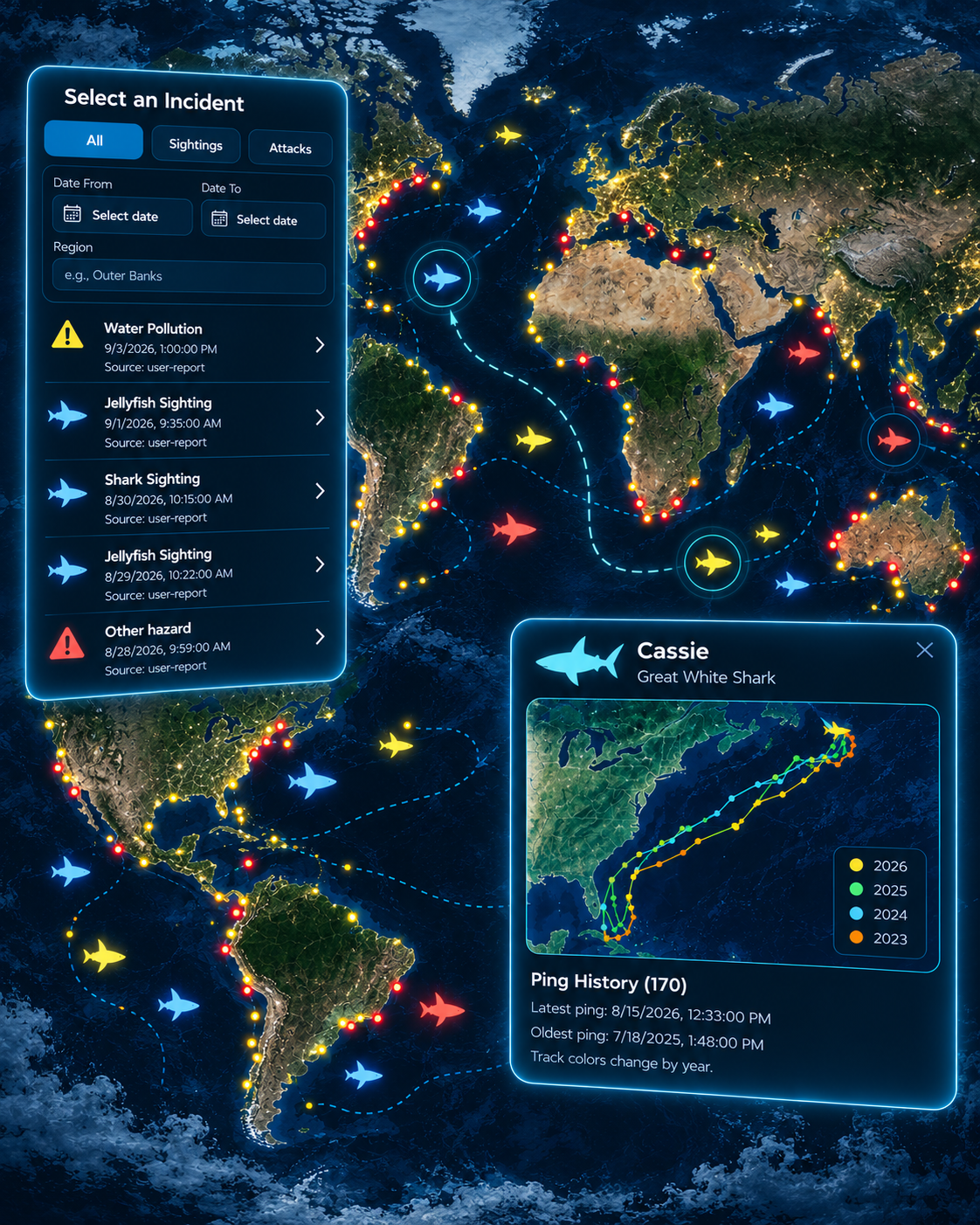 Beach Buddy global shark tracking map showing worldwide shark activity, historical incidents and Cassie shark tracking